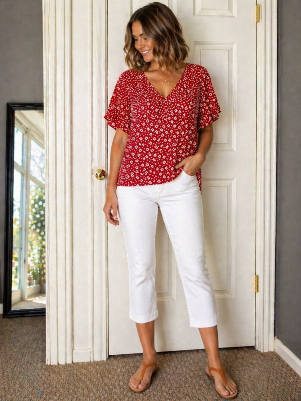 Red White Floral Blouse, Ruffle Sleeve Top, Flowy V Neck Shirt, Summer Casual